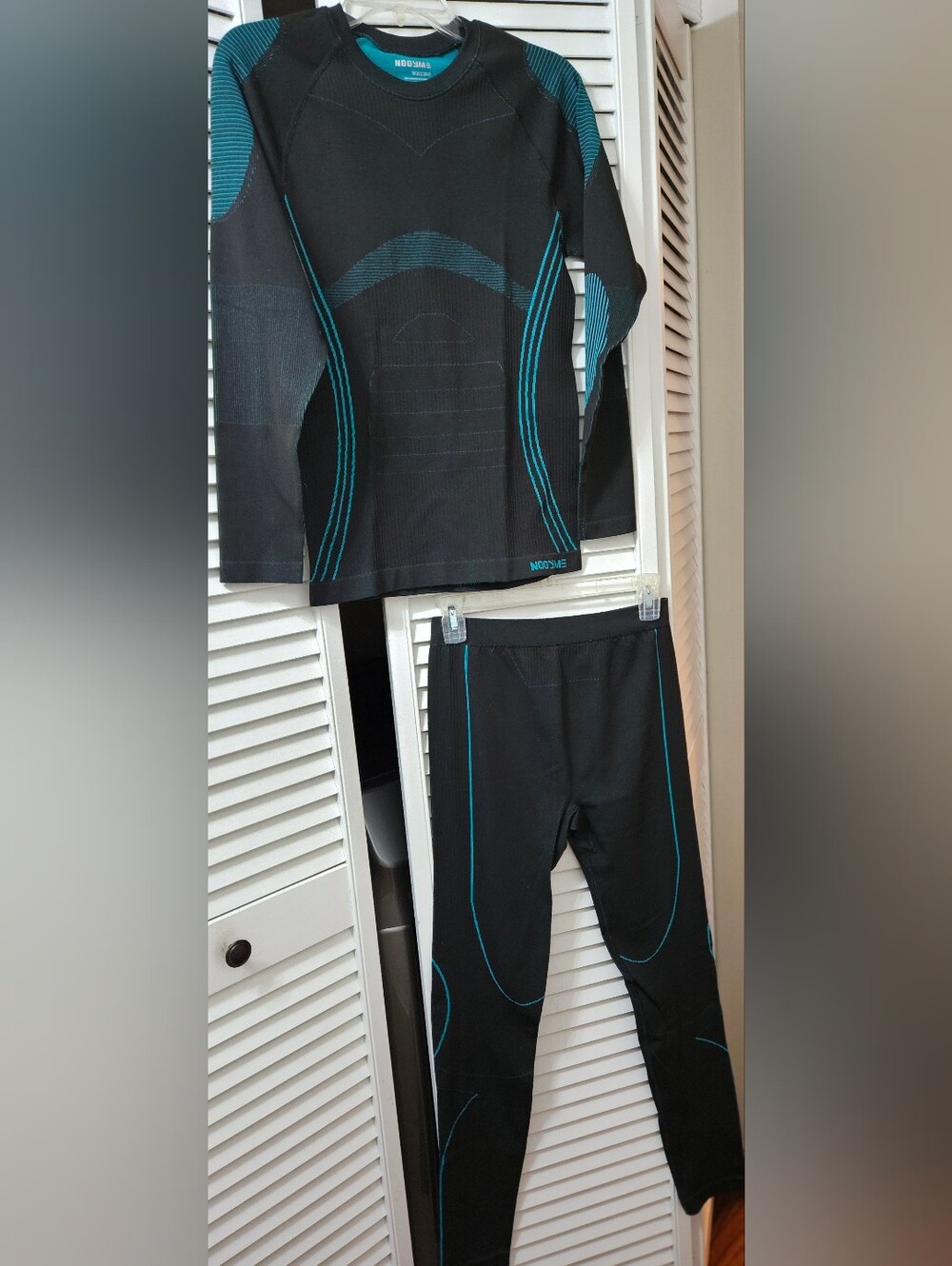 NOOYME Thermal Base Layer Set Black Teal Gray Stripe Winter Ski Long Johns XL